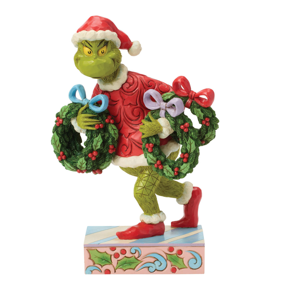 Jim Shore Dr. Seuss Grinch Figur als Weihnachtsmann verkleidet mit zwei Weihnachtskränzen handbemalt in Holzoptik